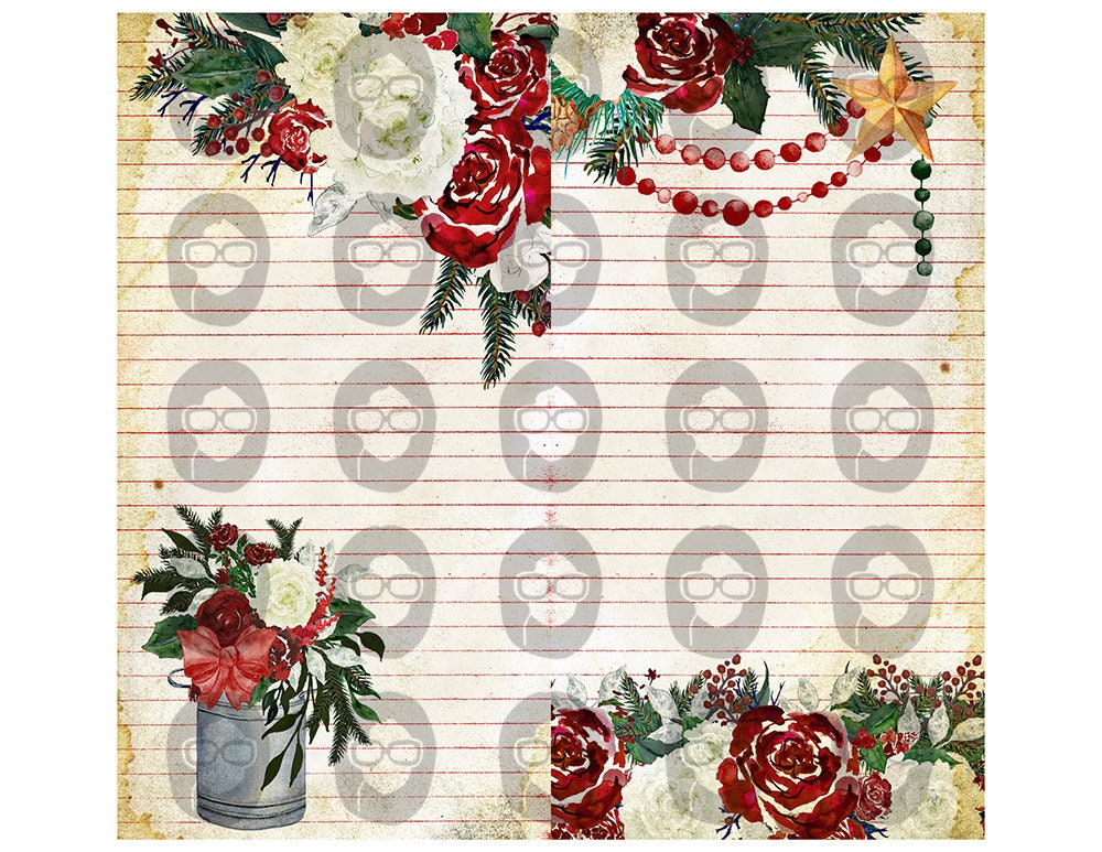 Elegant Christmas Roses Traveler's Notebook Pages #73 - 9 Pg download - Elegant Journal Paper, Midori Holiday Red Green Journaling Kit