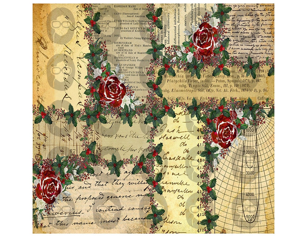 Elegant Christmas Roses Traveler's Notebook Pages #73 - 9 Pg download - Elegant Journal Paper, Midori Holiday Red Green Journaling Kit