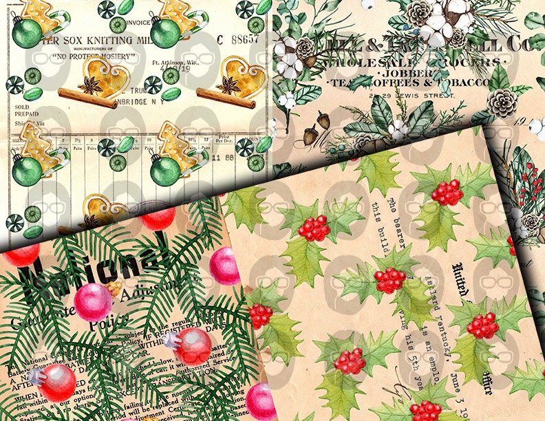 Christmas Junk Journal Pages, Winter digital paper -14pg Digital Download- Poinsettia background,Printable Vintage Christmas,Scrapbook paper