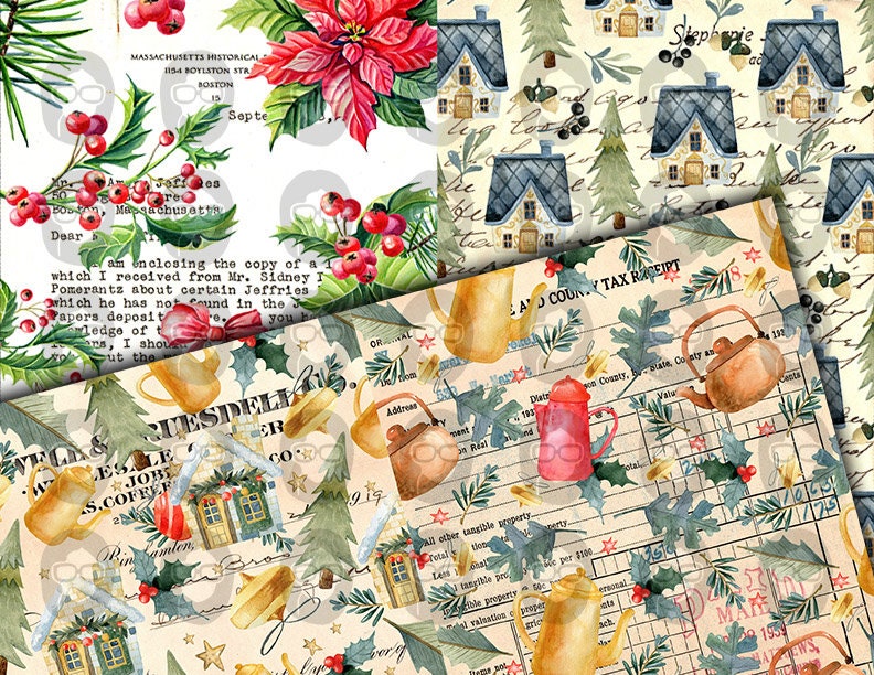 Christmas Junk Journal Pages, Winter digital paper -14pg Digital Download- Poinsettia background,Printable Vintage Christmas,Scrapbook paper