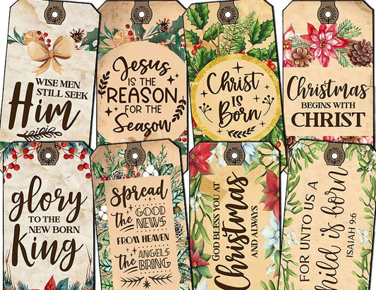 Bible Printable Christmas Tags, Ephemera for Prayer Journaling, S5 -2pg Digital Download- Jesus junk journal, Christian Inspirational quote,