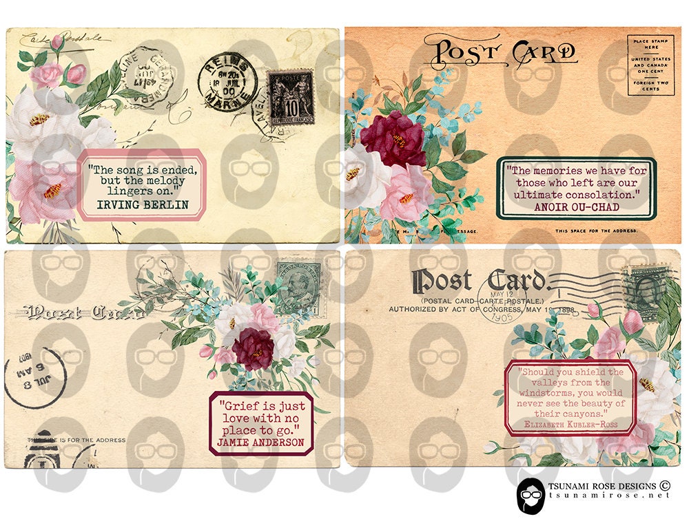 Grief Journal Printable, Postcard Vintage, S18 -2pg Digital Download- For Junk Journaling, Grief Affirmation Cards, Grief Message, Quotes