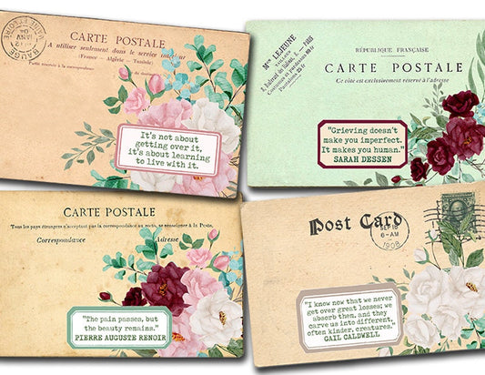 Grief Journal Printable, Postcard Vintage, S18 -2pg Digital Download- For Junk Journaling, Grief Affirmation Cards, Grief Message, Quotes