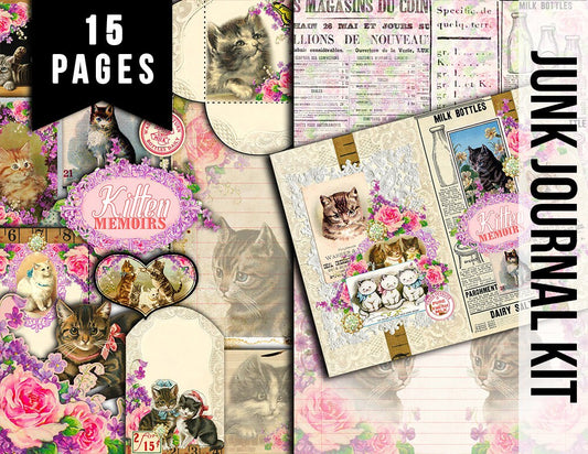 Cat Junk Journal Kit - Kitten Memoirs Ephemera Pack - 15 Pg Instant Download - vintage paper digital kit, fussy cut images, journal cards