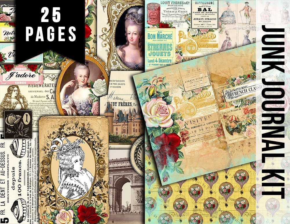 French Junk Journal, Paper Pack -25pg Digital Download- Paris printable, Parisian, with lined pages, French Ephemera, Collage Kit Travel