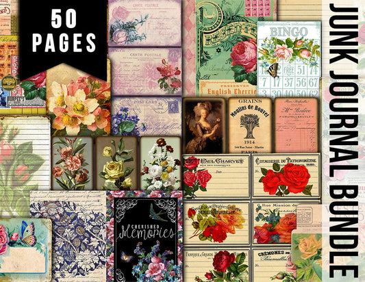 Ephemera Bundle, Printable Journal Bundle #22 -50pg Digital Download- Tags, Note Cards, Envelopes, For Junk Journaling, Shabby Vintage Art