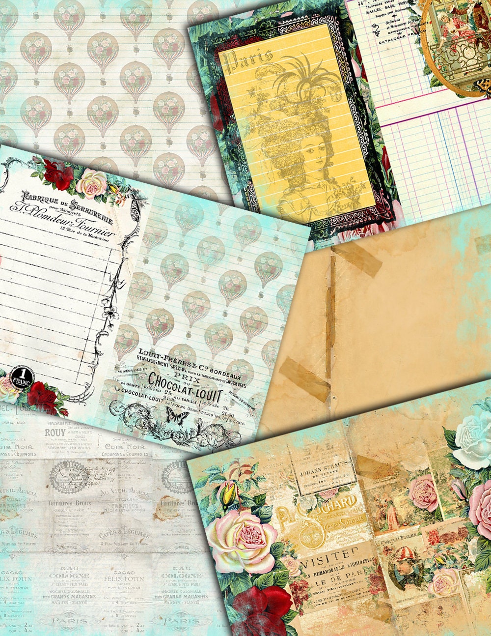 French Junk Journal, Paper Pack -25pg Digital Download- Paris printable, Parisian, with lined pages, French Ephemera, Collage Kit Travel
