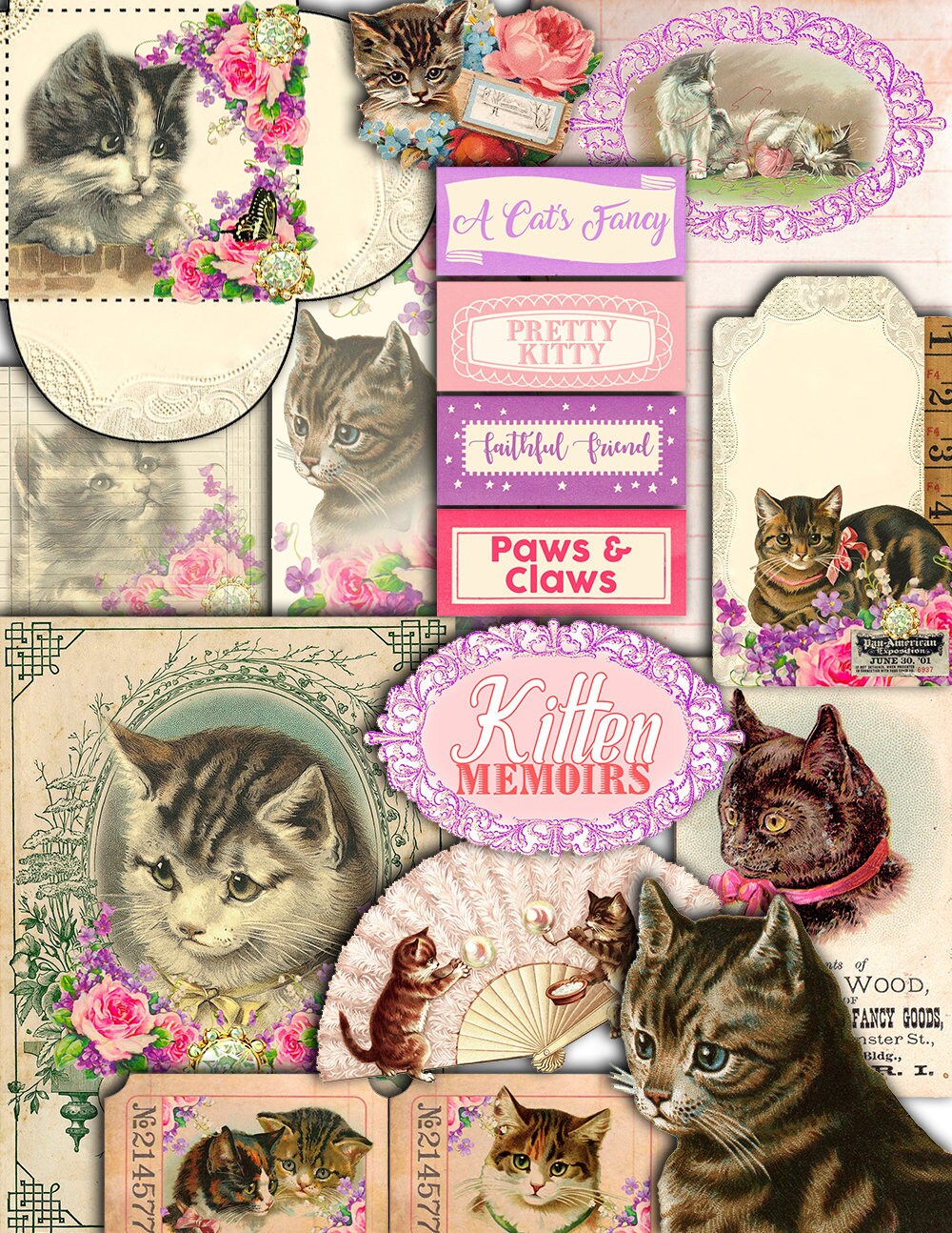 Cat Junk Journal Kit - Kitten Memoirs Ephemera Pack - 15 Pg Instant Download - vintage paper digital kit, fussy cut images, journal cards