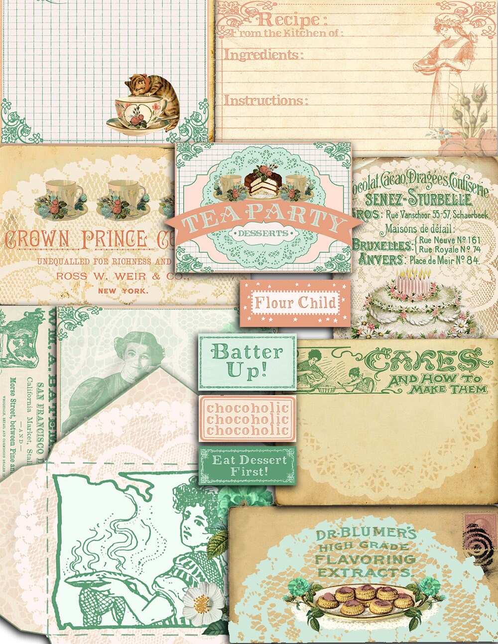 DIY Journal - Tea Party Desserts - 26pg Digital Download- vintage junk journal, floral digital paper, junk journal kit, ephemera kit, coffee