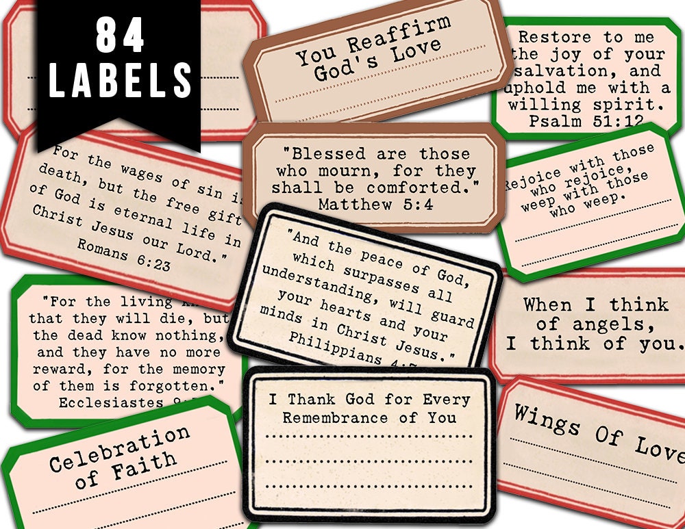 Grief Bible Verses, Prayer Labels -4pg Digital Download- Christian Affirmations, Faith Quotes About Death, Jesus Quotes, Religious Ephemera