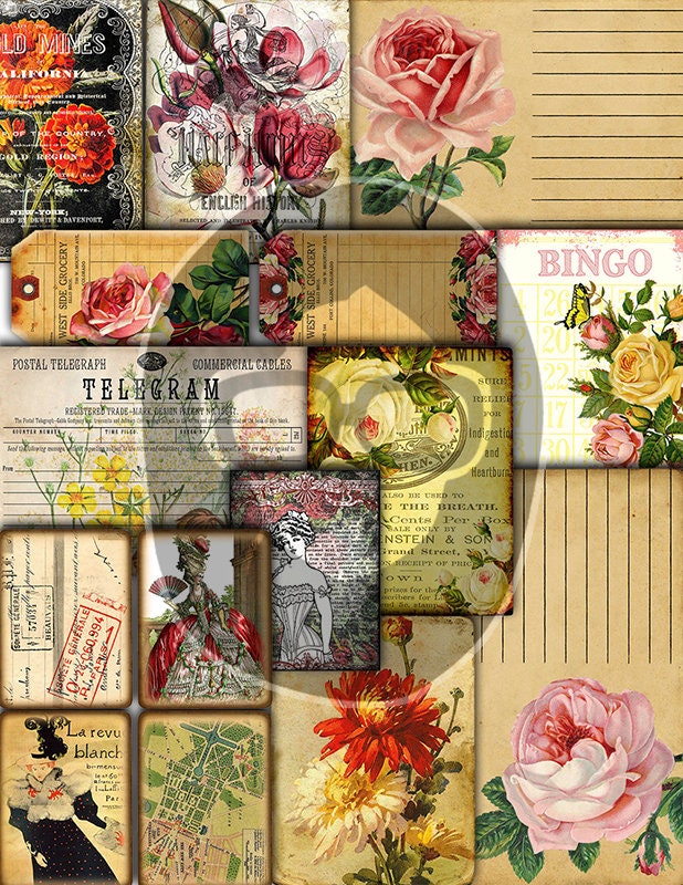 Ephemera Bundle, Printable Journal Bundle #22 -50pg Digital Download- Tags, Note Cards, Envelopes, For Junk Journaling, Shabby Vintage Art