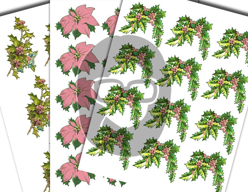 Fussy Cut Christmas Ephemera, Poinsettia Clipart -17pg Digital Download- Pink Holly Berries, Paper Crafting Ephemera, Collage Sheets, Shabby