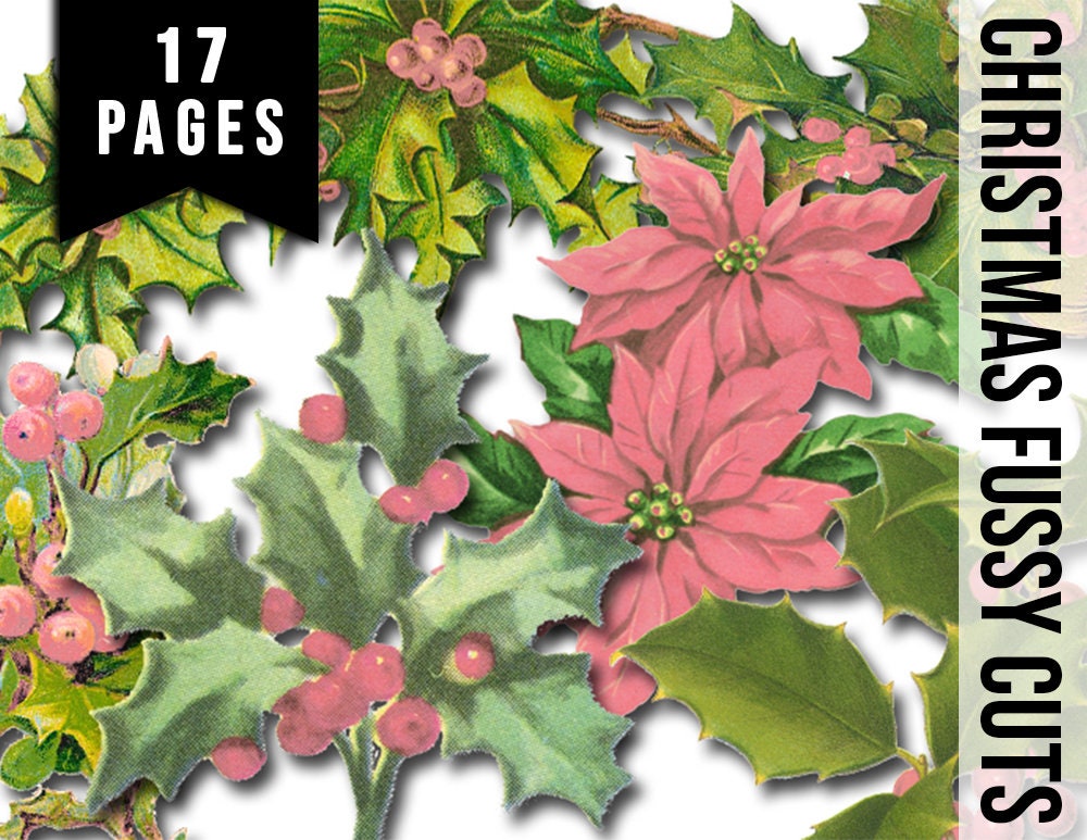 Fussy Cut Christmas Ephemera, Poinsettia Clipart -17pg Digital Download- Pink Holly Berries, Paper Crafting Ephemera, Collage Sheets, Shabby