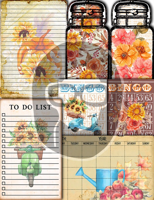 Fall Journaling Kit, Autumn Journal Kit -40pg Digital Download- Thanksgiving Pumpkin, Fall Harvest, Sunflower Clipart, Fall Digital Paper