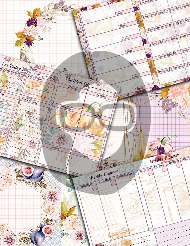 Fall Digital Paper, Autumn Journal Kit -40pg Digital Download- Thanksgiving Pumpkin, Fall Harvest, Pastel Flowers, Printable Daily Planner