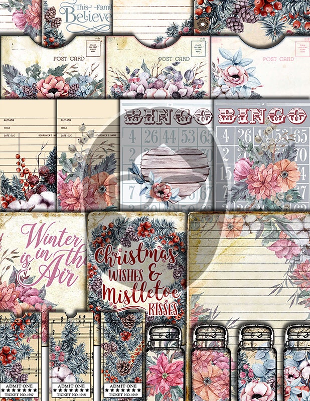 Christmas Junk Journal Kit, Winter digital paper -41pg Digital Download- Poinsettia background, Printable Vintage Christmas, Scrapbook paper