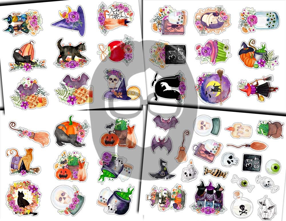 Halloween Clipart, Fussy Cut Ephemera-12pg Digital Download- Halloween Printable, Scrapbook Cutouts, Halloween Junk Journal Kit, Ghost Witch
