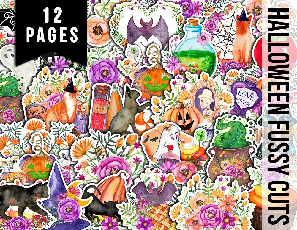 Halloween Clipart, Fussy Cut Ephemera-12pg Digital Download- Halloween Printable, Scrapbook Cutouts, Halloween Junk Journal Kit, Ghost Witch