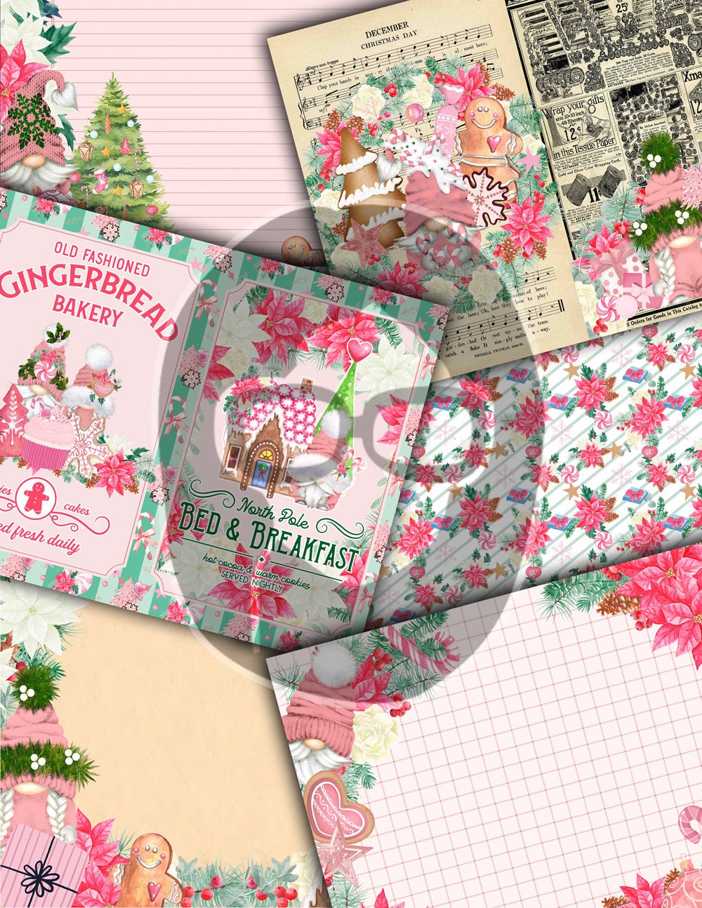Gnome Junk Journal Kit, Pink Christmas Gnome -40pg Digital Download- Gnome For the Holidays, Printable Tags, Journaling Pages, Word Labels