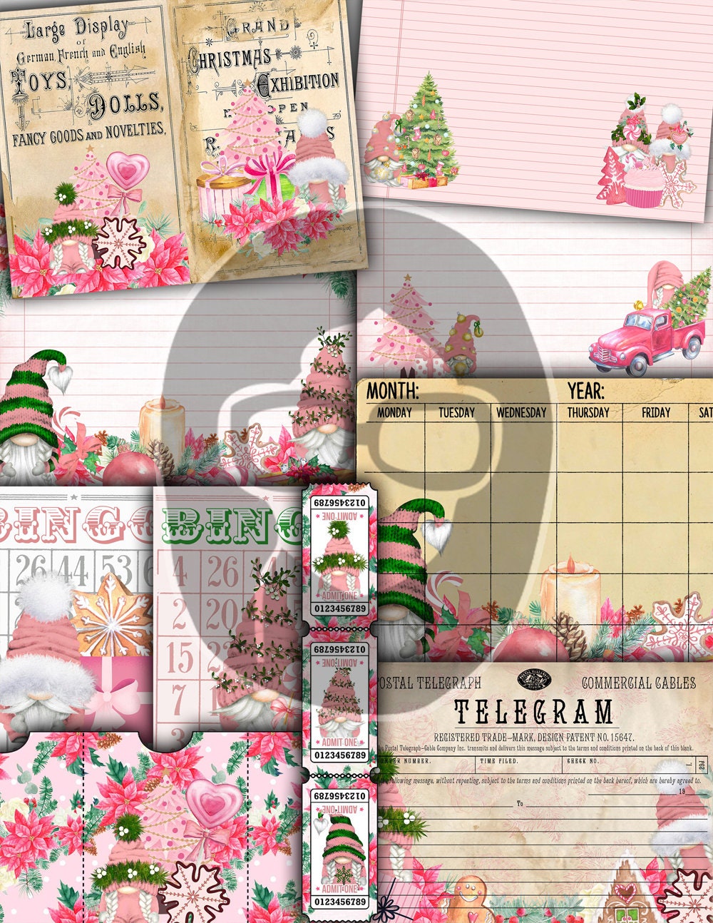 Gnome Junk Journal Kit, Pink Christmas Gnome -40pg Digital Download- Gnome For the Holidays, Printable Tags, Journaling Pages, Word Labels