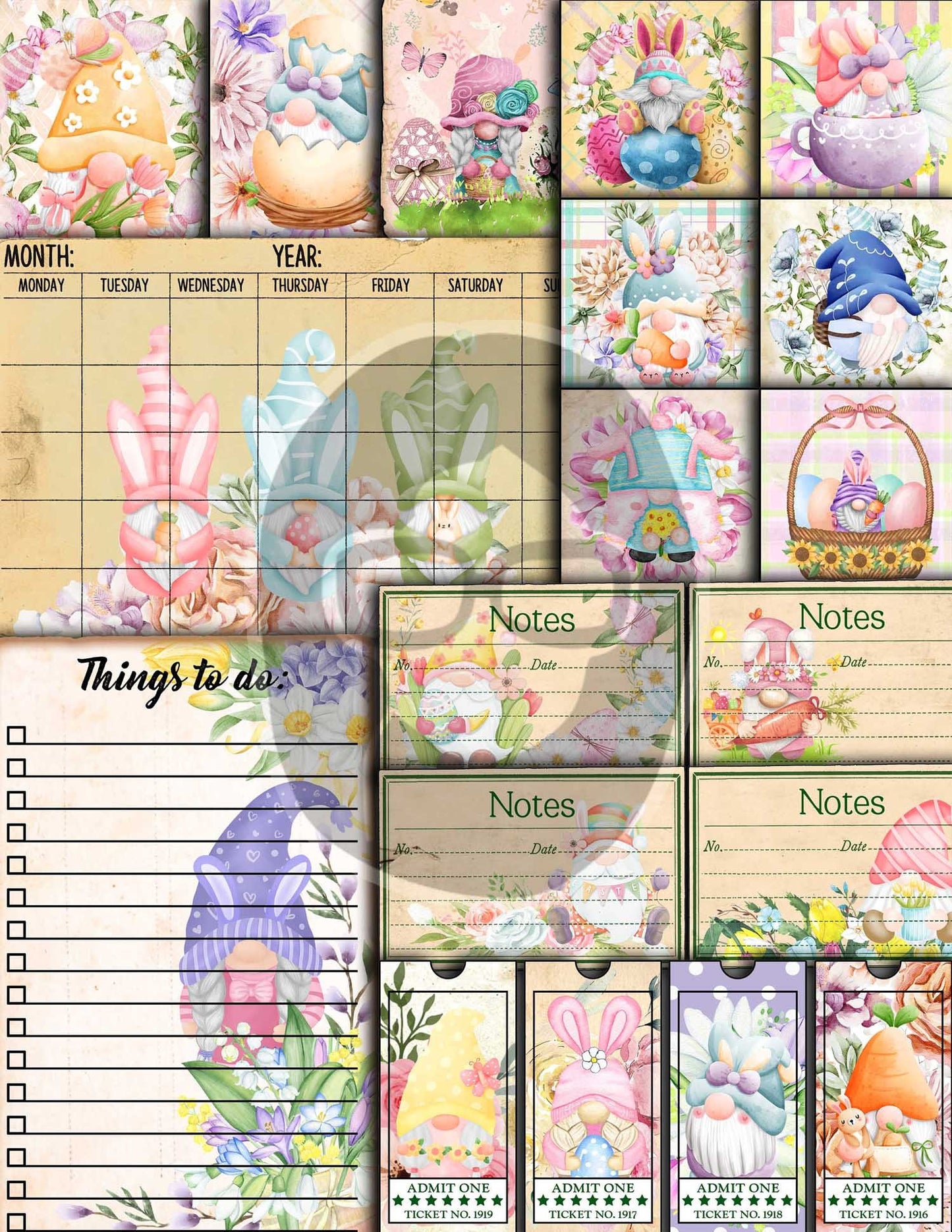 Gnome Printable Journal Kit, Easter Ephemera -40pg Digital Download- Spring Gnomes, Easter Gnome, Easter gnome Scrapbook Embellishment