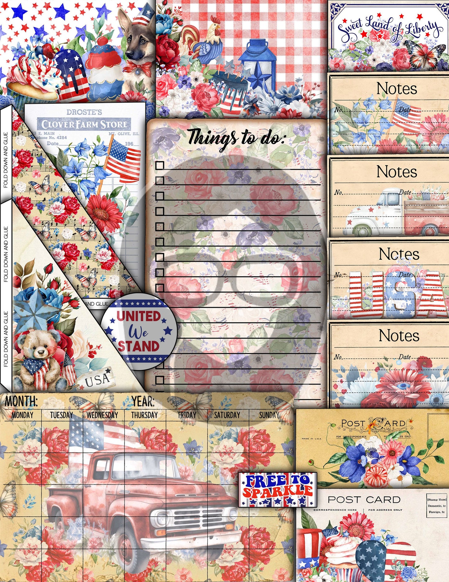 America Junk Journal, 4th of July Printable -40pg Digital Download- Independence Day Digital Paper, Patriotic Ephemera Kit, Stars & Stripes