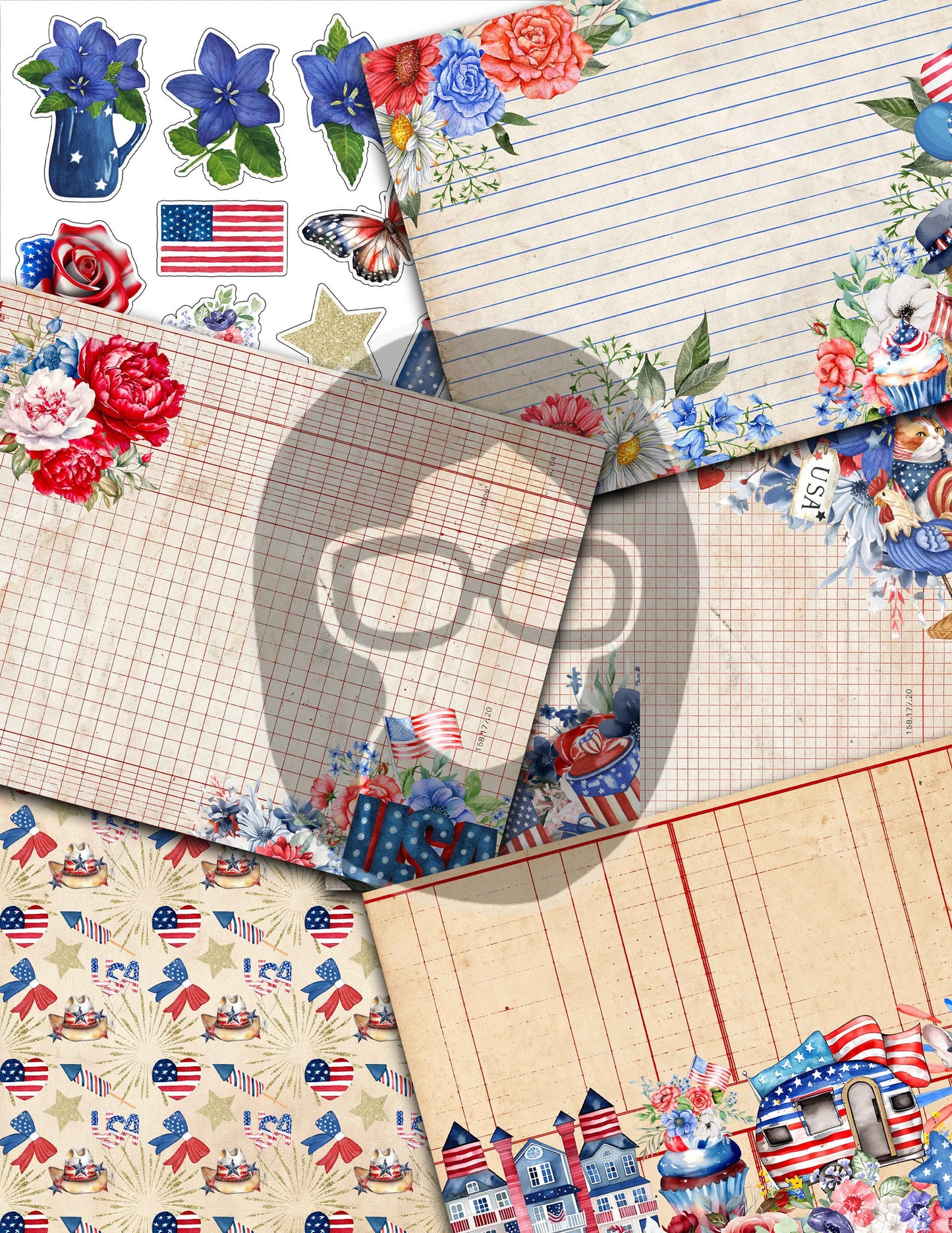 America Junk Journal, 4th of July Printable -40pg Digital Download- Independence Day Digital Paper, Patriotic Ephemera Kit, Stars & Stripes