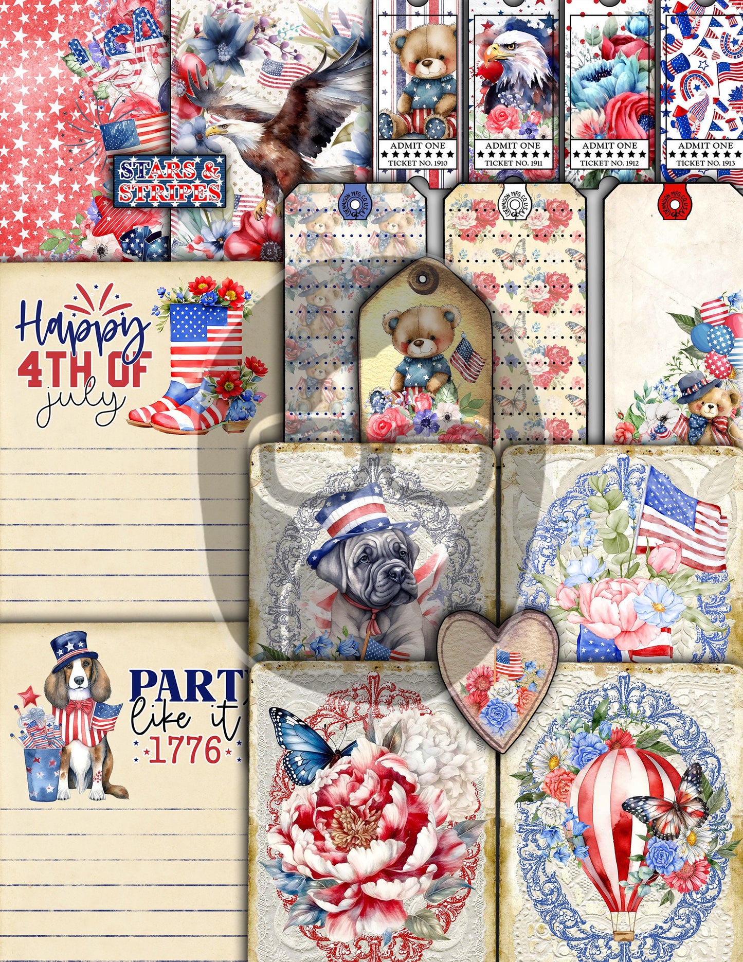 America Junk Journal, 4th of July Printable -40pg Digital Download- Independence Day Digital Paper, Patriotic Ephemera Kit, Stars & Stripes