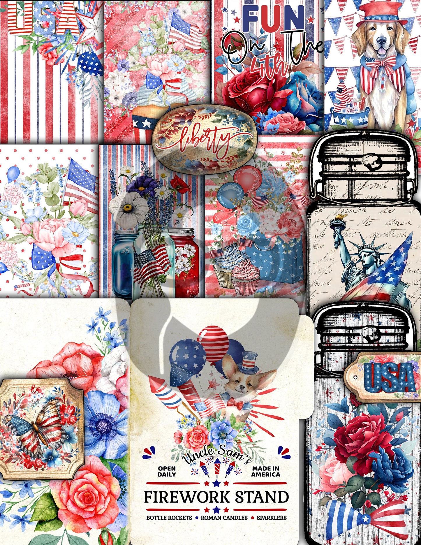 America Junk Journal, 4th of July Printable -40pg Digital Download- Independence Day Digital Paper, Patriotic Ephemera Kit, Stars & Stripes