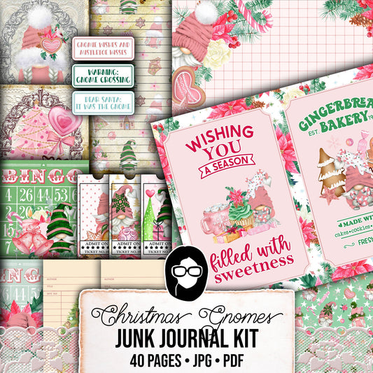 Gnome Junk Journal Kit, Pink Christmas Gnome -40pg Digital Download- Gnome For the Holidays, Printable Tags, Journaling Pages, Word Labels