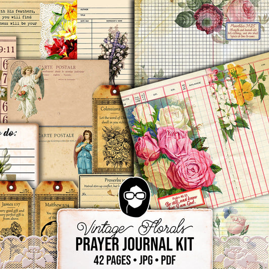 Faith Junk Journal Kit, Scripture Ephemera -42pg Digital Download- Religious Note Cards, Catholic Cross, Prayer Quotes, Bible Verse Cards