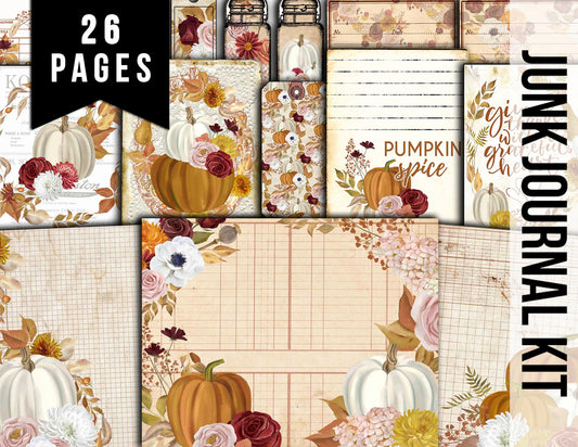 Fall Digital Paper, Autumn Journal Kit-26pg Digital Download- Thanksgiving Pumpkin, Fall Harvest, Pumpkin Journal Pages, Fall Journaling Kit