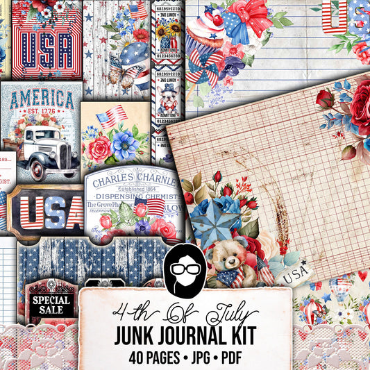 America Junk Journal, 4th of July Printable -40pg Digital Download- Independence Day Digital Paper, Patriotic Ephemera Kit, Stars & Stripes
