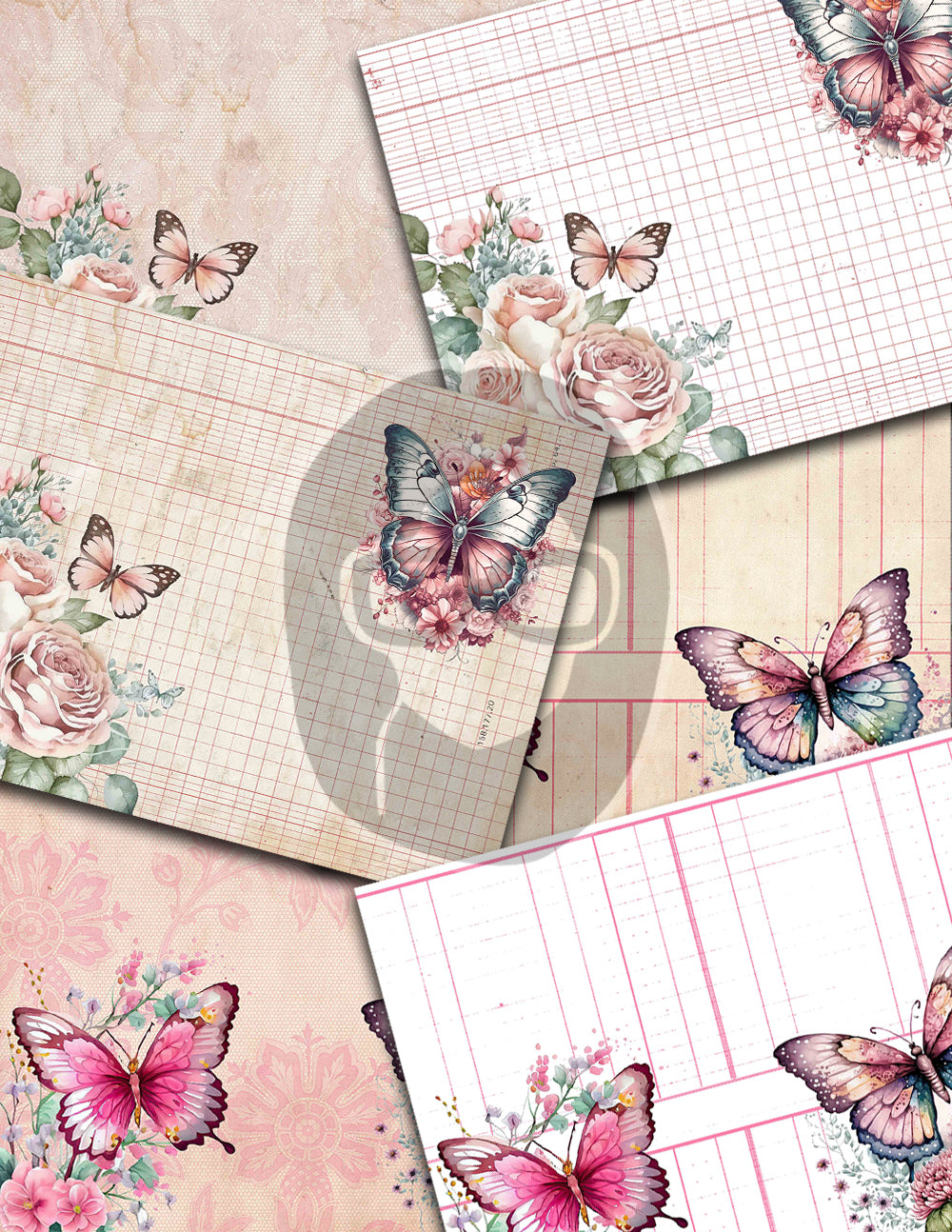Junk Journal Pages, Butterfly Journal Printable -36pg Digital Download- Pink Digital Paper, Ephemera Background, Collage Sheets Printable