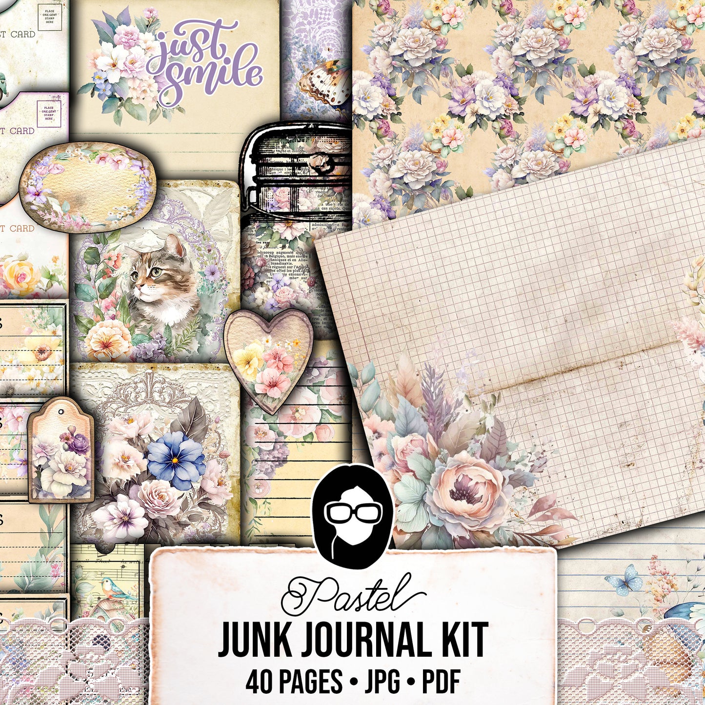 Pastel Junk Journal Kit, Pastel Digital Papers -40pg Instant Download- Journaling Ephemera, Printable Vintage Paper, Lined Journal Pages