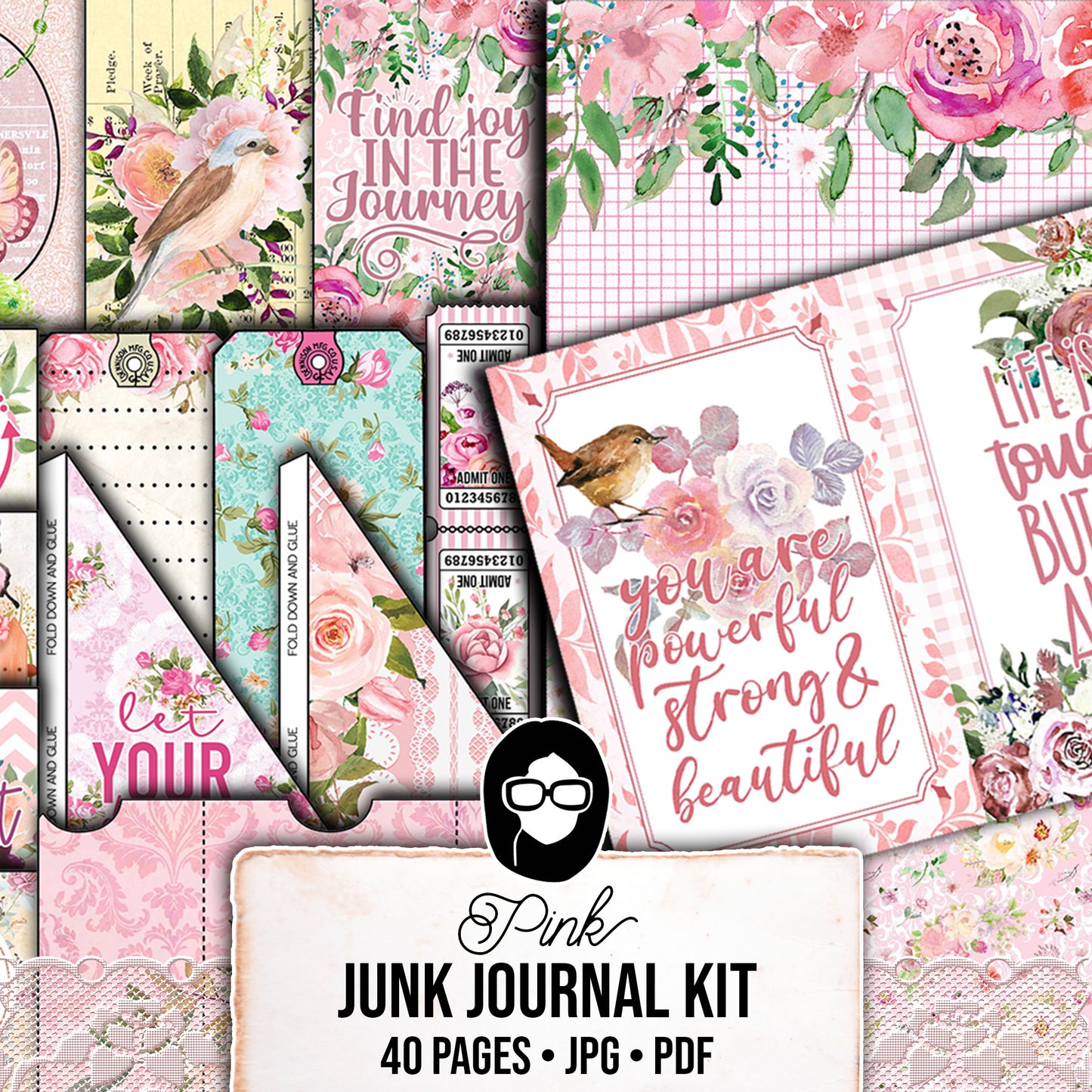 Pink Journal Kit, Printable Journal Bundle -40pg Digital Download- Affirmations Kit, Positive Quotes, Journaling Ephemera, Pink Printables