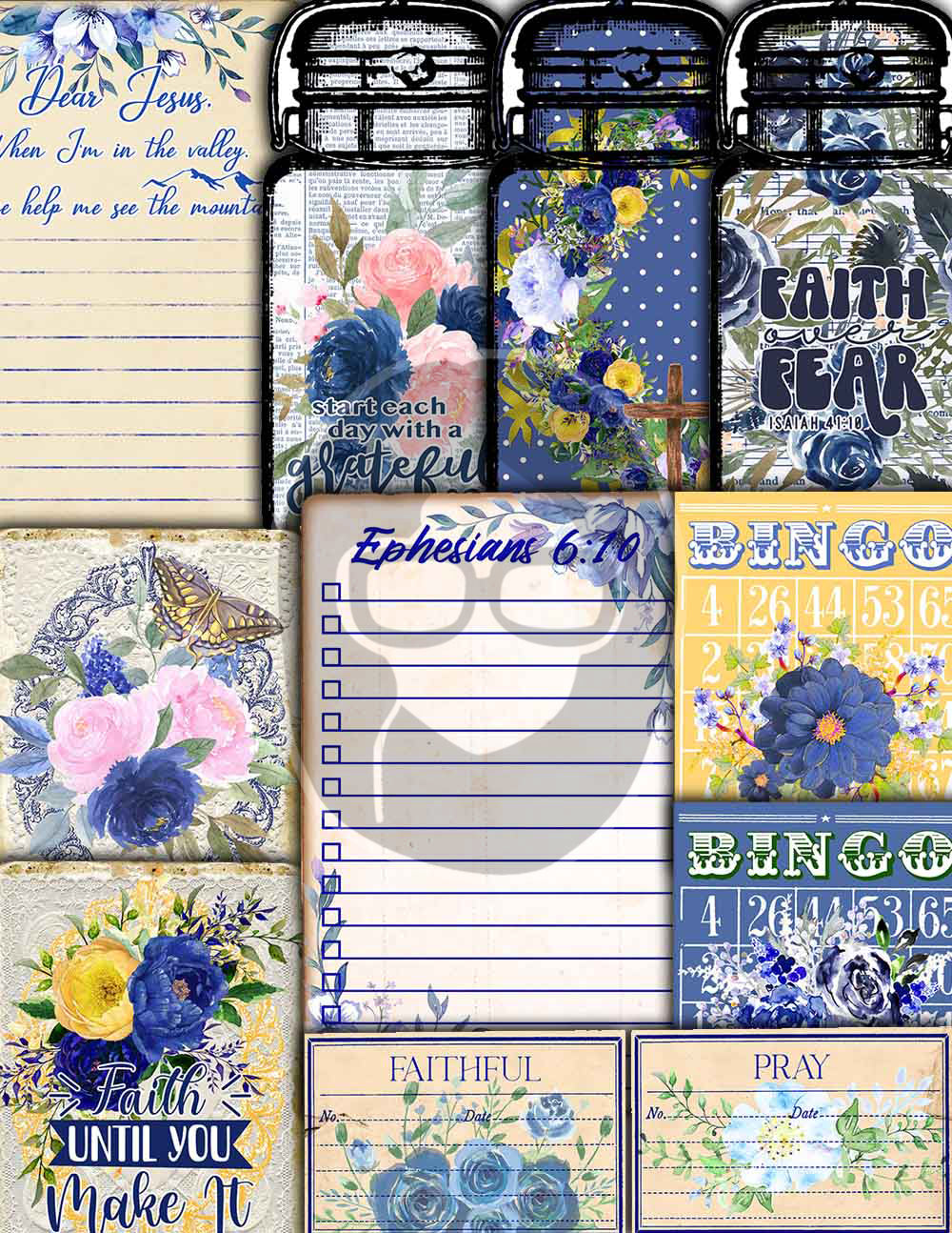 Faith Junk Journal Kit, Scripture Ephemera -40pg Digital Download- Religious Note Cards, Catholic Cross, Prayer Quotes, Bible Verse Cards