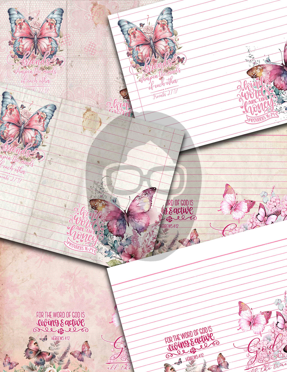 Bible Journaling Printables, Junk Journal Pages -36pg Digital Download-Pink Butterfly, Christian Verses, Devotional Kit, Faith Encouragement