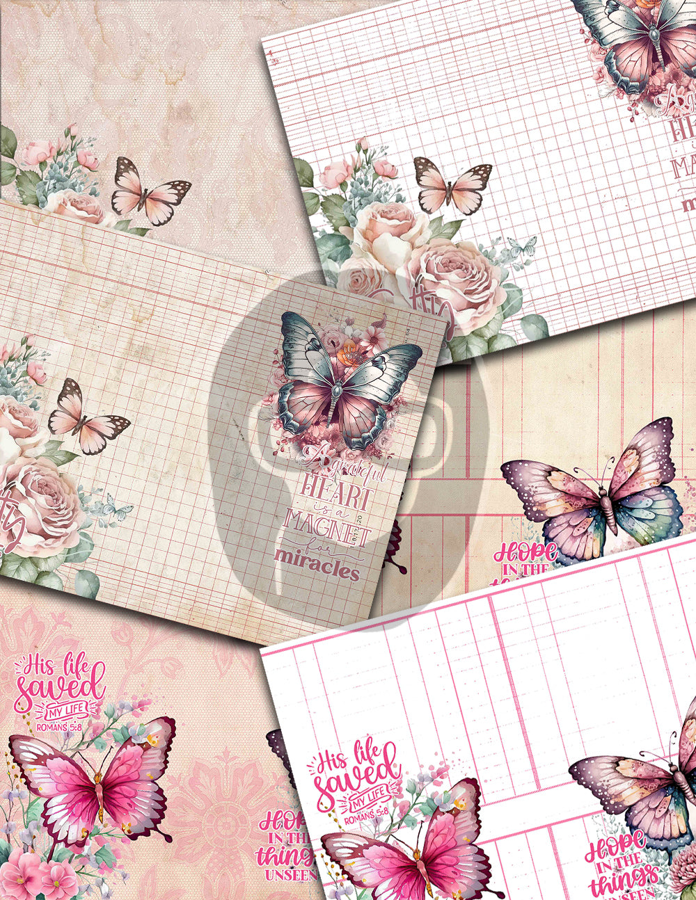 Bible Journaling Printables, Junk Journal Pages -36pg Digital Download-Pink Butterfly, Christian Verses, Devotional Kit, Faith Encouragement