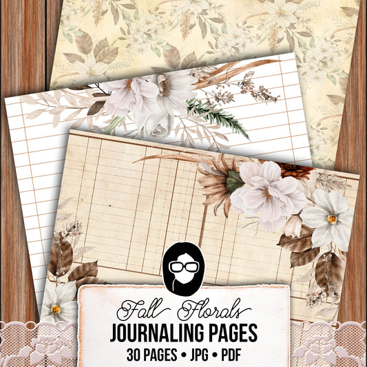 Fall Digital Paper, Autumn Journal Printables -30pg Digital Download- Fall Flowers, Lined Journal Pages, Fall Pattern Paper, Scrapbook Paper