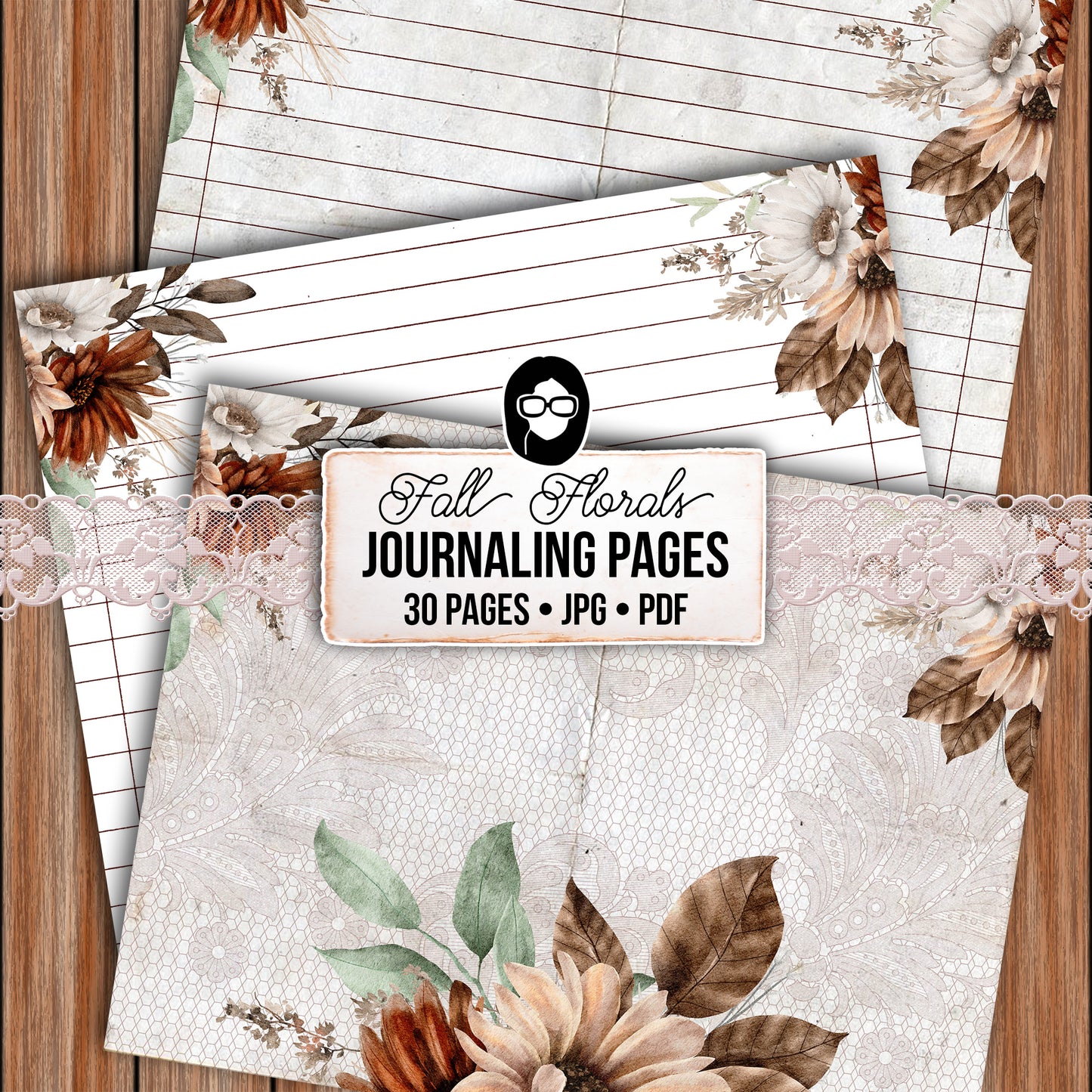 Fall Digital Paper, Autumn Journal Printables -30pg Digital Download- Fall Flowers, Lined Journal Pages, Fall Pattern Paper, Scrapbook Paper