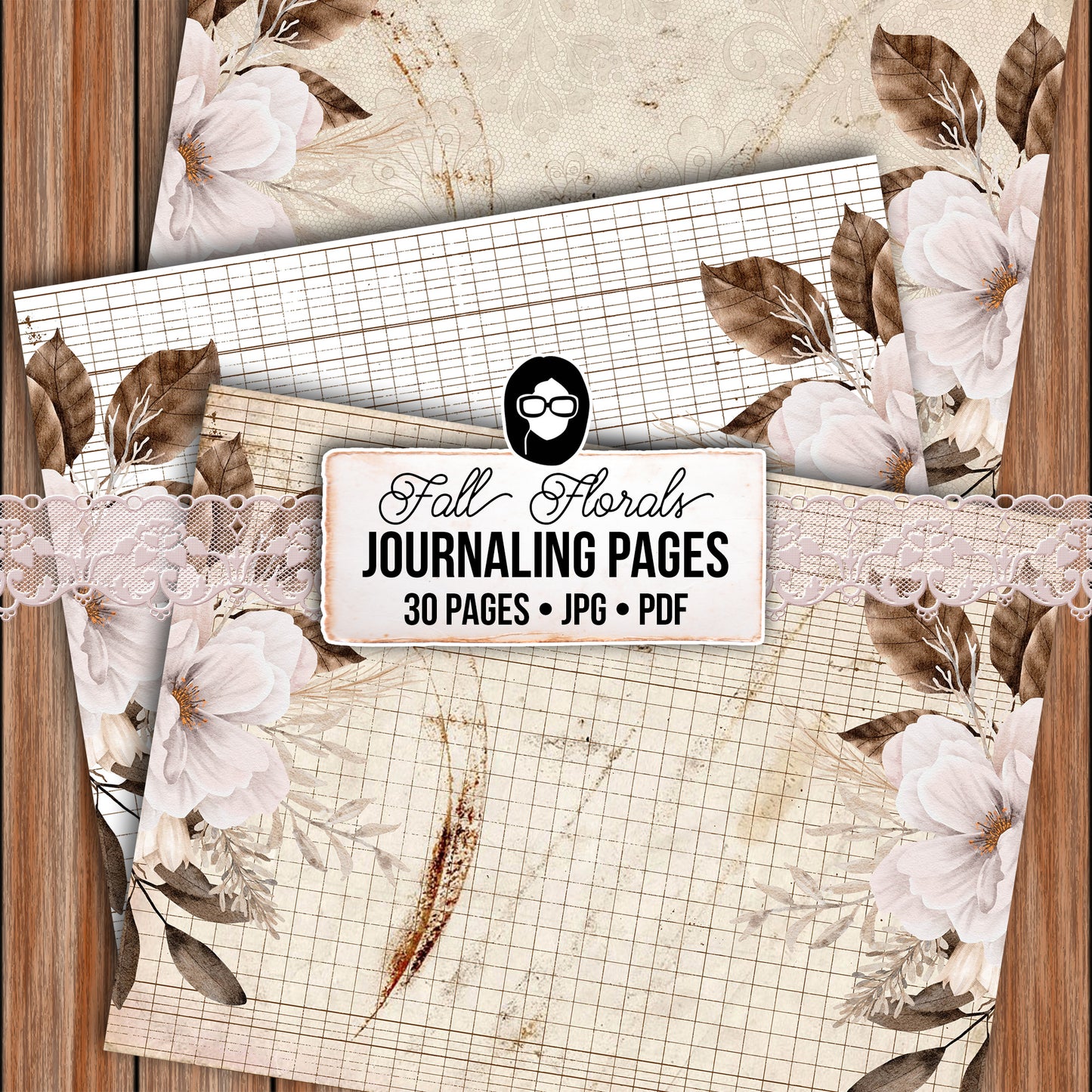 Fall Digital Paper, Autumn Journal Printables -30pg Digital Download- Fall Flowers, Lined Journal Pages, Fall Pattern Paper, Scrapbook Paper