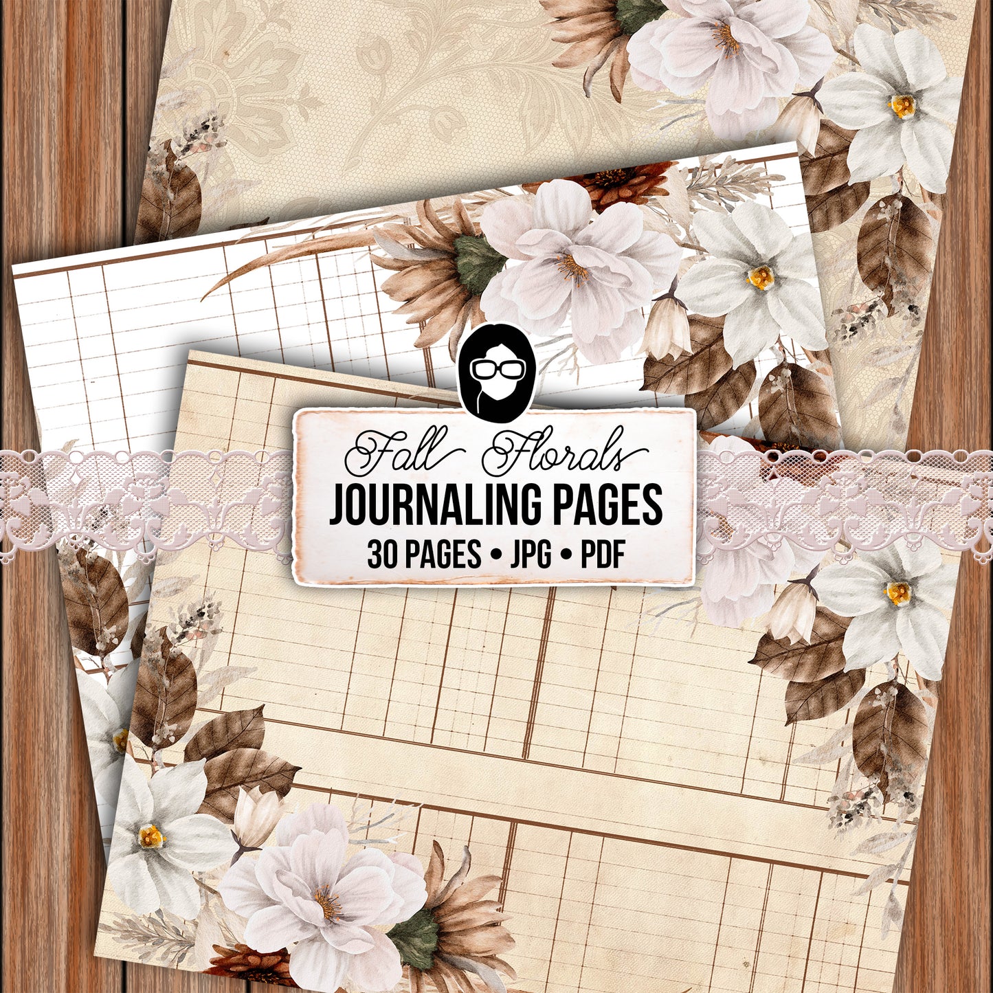 Fall Digital Paper, Autumn Journal Printables -30pg Digital Download- Fall Flowers, Lined Journal Pages, Fall Pattern Paper, Scrapbook Paper