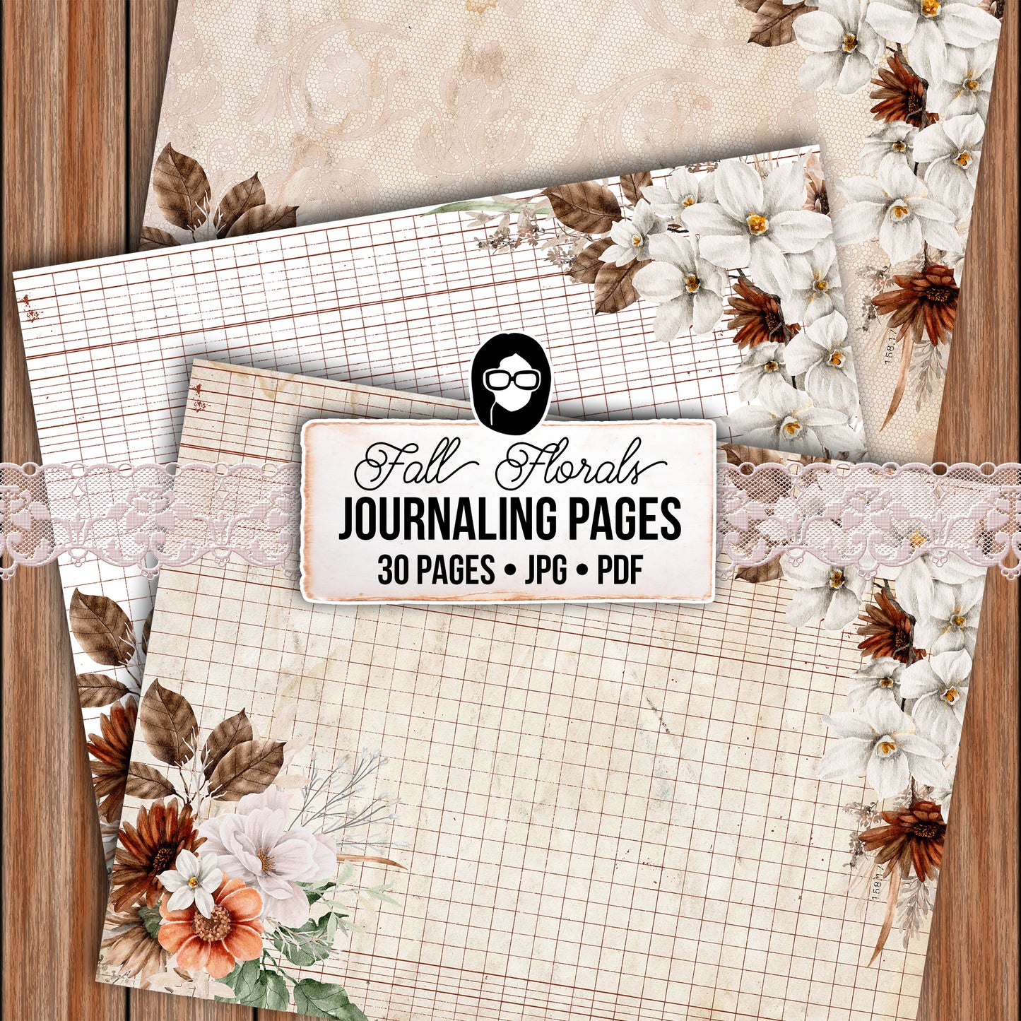 Fall Digital Paper, Autumn Journal Printables -30pg Digital Download- Fall Flowers, Lined Journal Pages, Fall Pattern Paper, Scrapbook Paper