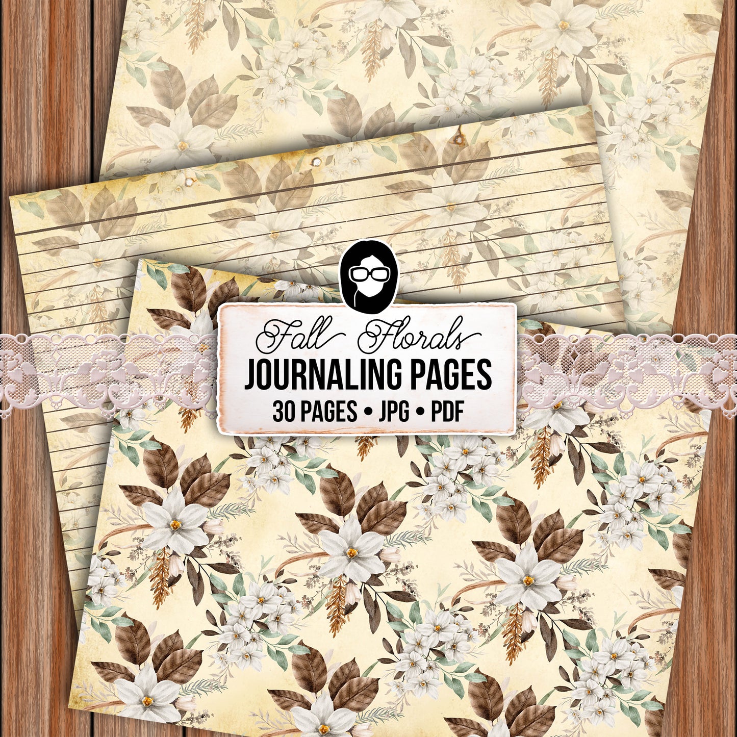 Fall Digital Paper, Autumn Journal Printables -30pg Digital Download- Fall Flowers, Lined Journal Pages, Fall Pattern Paper, Scrapbook Paper