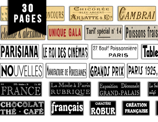 French Ephemera, Junk Journal Labels -30pg Digital Download- French Labels, Fussy Cut Ephemera, Ink Saver, French Antique, Word Labels