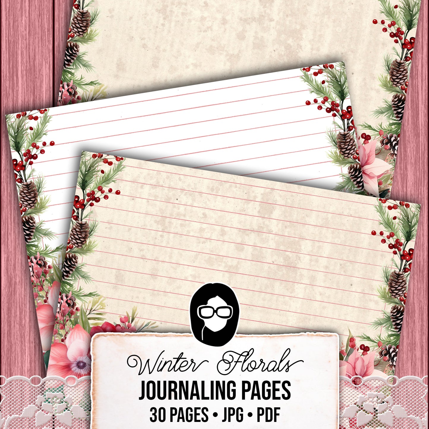 Christmas Journal Pages, Lined Journaling Papers -30pg Digital Download- Holiday Printable Paper, Christmas Flowers, Pink Holly Berries