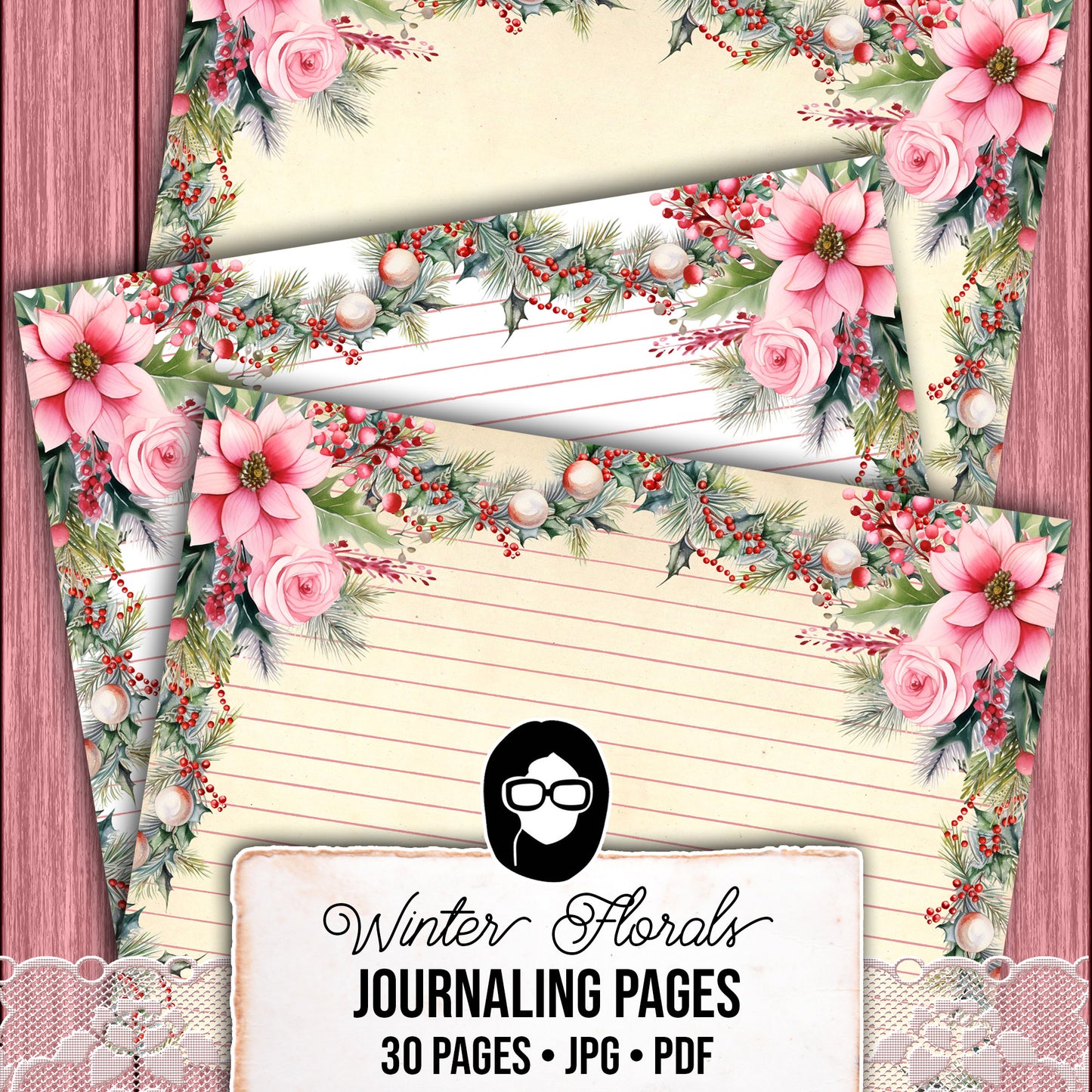 Christmas Journal Pages, Lined Journaling Papers -30pg Digital Download- Holiday Printable Paper, Christmas Flowers, Pink Holly Berries
