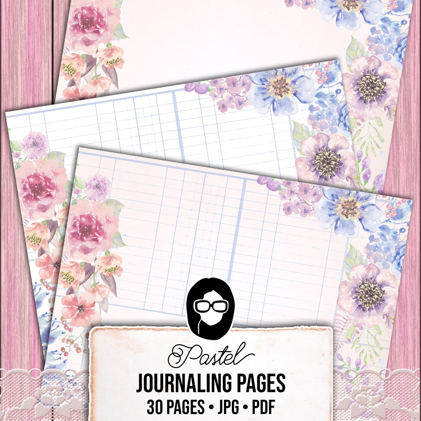 Pastel Junk Journal Pages, Scrapbook Paper -30pg Digital Download- Lined Journaling Pages, Spring Flowers, Shabby Chic Digital Paper