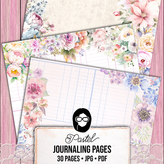 Pastel Junk Journal Pages, Scrapbook Paper -30pg Digital Download- Lined Journaling Pages, Spring Flowers, Shabby Chic Digital Paper